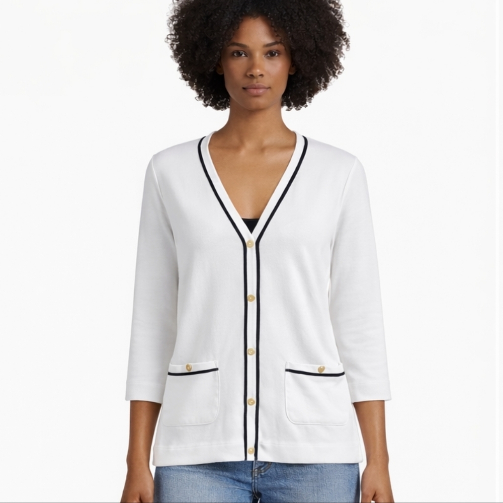 Jones New York White Cotton Button-Up Cardigan XL 3/4 Sleeve